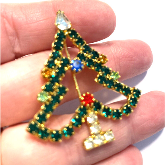 Rhinestones Christmas Tree Brooch Gold & Multicolor Mid Century Festive Pin - Picture 6 of 8